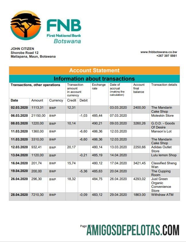 Modelo do primeiro extrato bancário nacional do Botswana